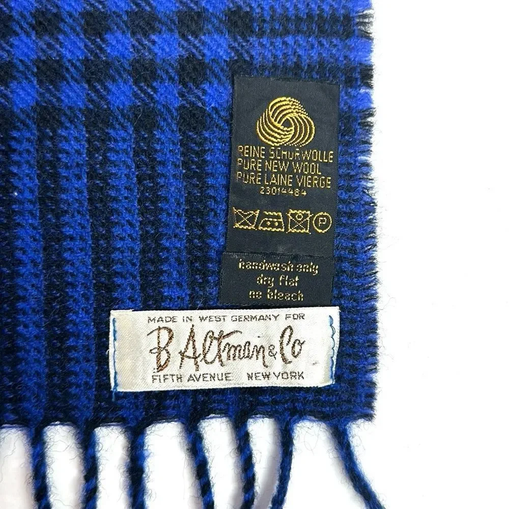 B. Altman & Co Vintage Men's Wool Scarf Blue Black Glen Check West Germany made